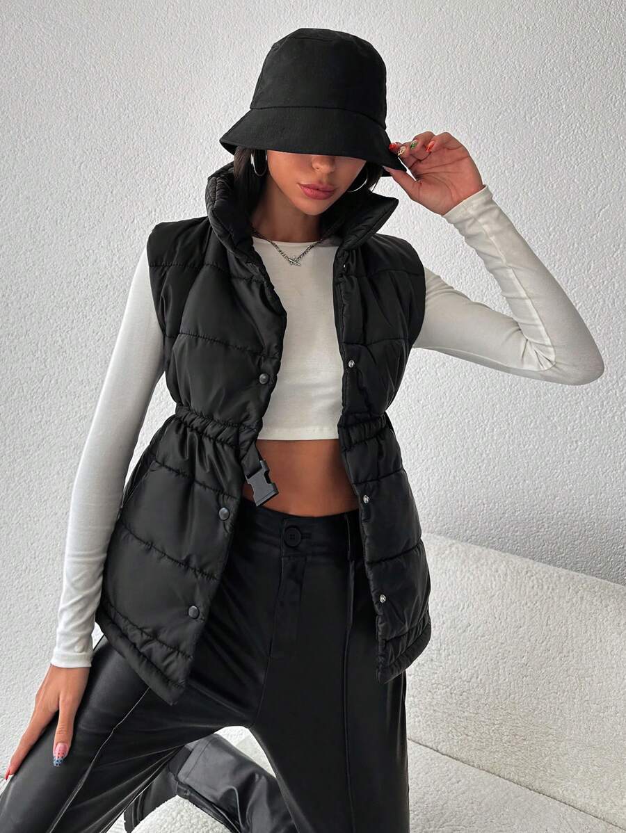 EURMUSE Push Buckle Front Snap Button Up Puffer Vest Coat - Black - View 1