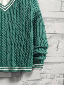 SHEIN Tween Boy Cable Knit Striped Trim Sweater Without Shirt - Dark Green - View 4