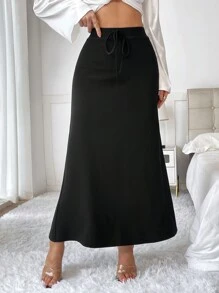 SHEIN Essnce Women's High Waisted Elastic Waist Long Skirt - Black - View 4