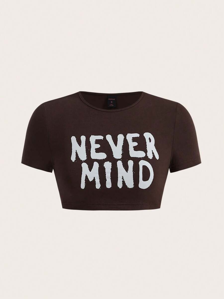 ROMWE PUNK Letter Graphic Crop Tee - Chocolate Brown - View 1