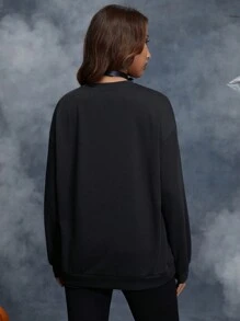 SHEIN 孕妇万圣节南瓜和骷髅手印花落肩运动衫，适合冬季 - 黑色 - 查看 2