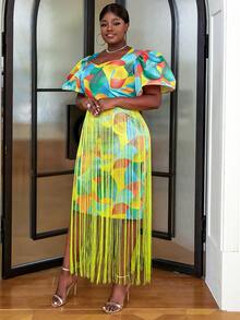 Hơn In Toàn bộ Viền rìa Đầm - Màu vàng - Xem 4