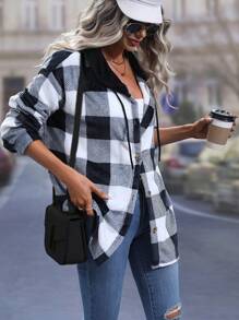 SHEIN Privé Buffalo Plaid Print Drop Shoulder Drawstring Hooded Flannel Coat - Multicolor - View 3