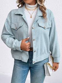 SHEIN LUNE 大碼千鳥格印花落肩袖夾克 - 淺藍色 - 查看 5