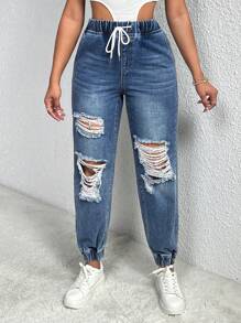 SHEIN SXY Eo dây rút Rách Frayed Cắt ra Quần jean - Rửa nhẹ - Xem 2