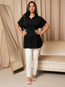 MaterniWear Maternity Batwing Sleeve Belted Blouse - Black - View 6