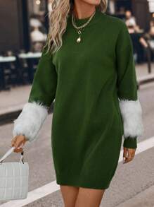 SHEIN LUNE Fuzzy Cổ tay áo Thả vai 	
Fuzzy Cổ tay áo Đầm Áo len - màu xanh lá - Xem 4