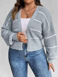 SHEIN LUNE Hơn Mẫu sọc Thả vai Áo len Duster - Xám - Xem 5