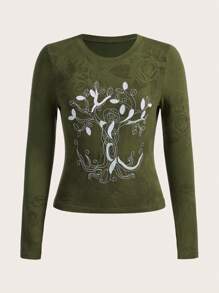 ROMWE Fairycore 圖案刺繡短款T恤 - 軍綠色 - 查看 1