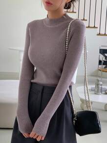 DAZY Chất rắn Cổ giả Đồ đan Ribbed Áo len - Màu Khaki - Xem 1