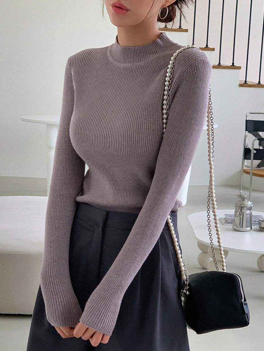 DAZY Chất rắn Cổ giả Đồ đan Ribbed Áo len - Màu Khaki - Xem 1