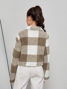 SHEIN Teen Girl Buffalo Plaid Print Flap Detail Teddy Jacket Without Sweater,In Fall/Winter