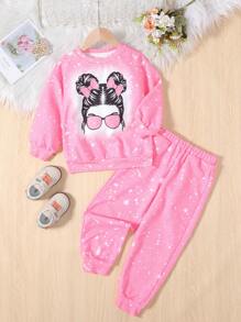 SHEIN Young Girl Figure Graphic Sweatshirt & Sweatpants - Pink - View 1