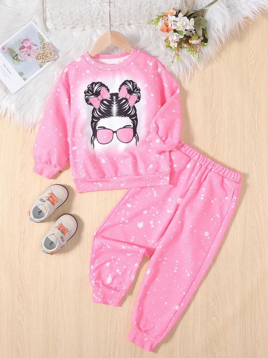 SHEIN Young Girl Figure Graphic Sweatshirt & Sweatpants - Pink - View 1