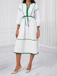 Aveloria Contrast Binding Drawstring Waist Split Thigh Dress