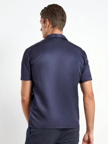 SHEIN Cottnline Men Solid Lapel Collar Shirt - Navy Blue - View 5