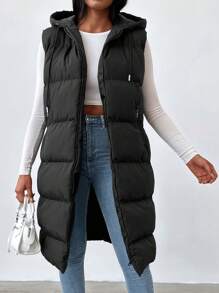 EURMUSE Zip Up Drawstring Hooded Puffer Vest Coat - Black - View 3