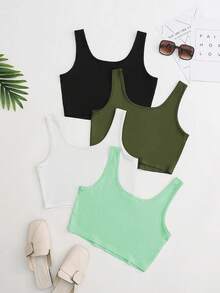 SHEIN Unity Áo ba lỗ ngắn cổ tròn ôm sát màu trơn đơn giản dành cho nữ, mùa hè - Nhiều màu - Xem 2