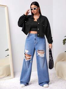 Firerie 大碼落肩袖翻蓋細節短款牛仔夾克 - 黑色 - 查看 3