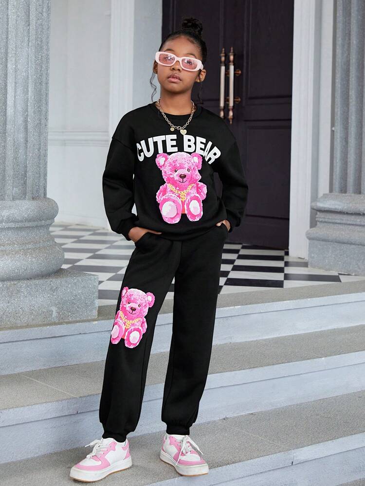Tween Girls Casual Street-Style Bear Print Knit Pullover Sweatshirt Set, Fleece Thickened