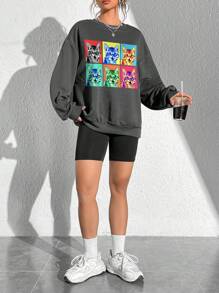 SHEIN EZwear 貓印花落肩袖運動衫 - 深灰色 - 查看 4