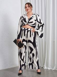 SHEIN Privé Plus Allover Print Twist Front Crop Top & Wide Leg Pants