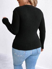 SHEIN Unity Hơn Chi tiết Nút Đồ đan Ribbed Áo len - màu đen - Xem 2