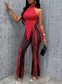 SHEIN Slayr Asymmetrical Hem Halter Top & Striped Flare Leg Pants - Red - View 4