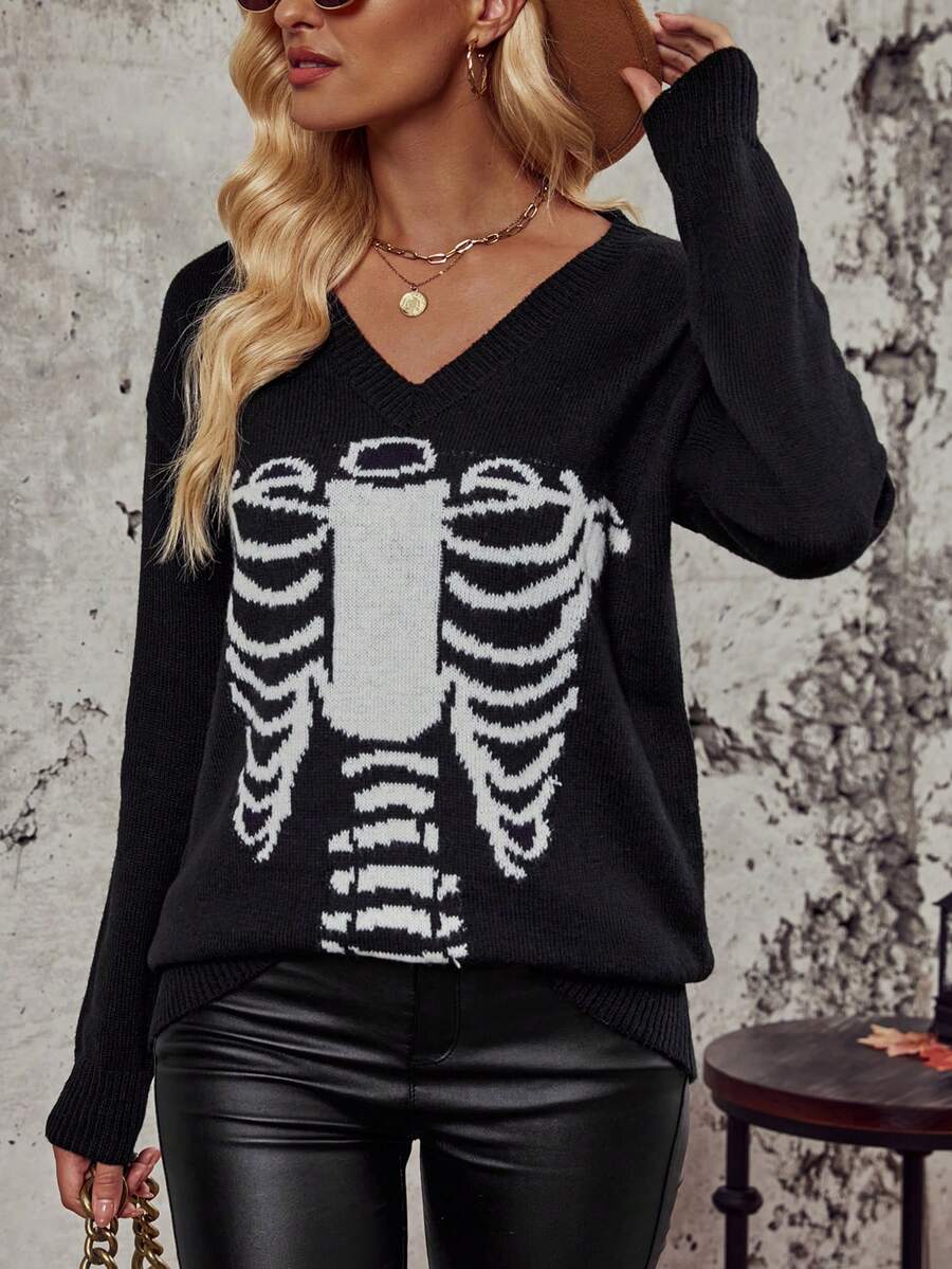 SHEIN LUNE Mô hình bộ xương Thả vai Áo len - Đen và trắng - Xem 1