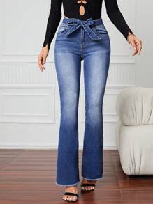 SHEIN LUNE Cao eo Thắt lưng Quần ống loe - Màu xanh lam - Xem 5