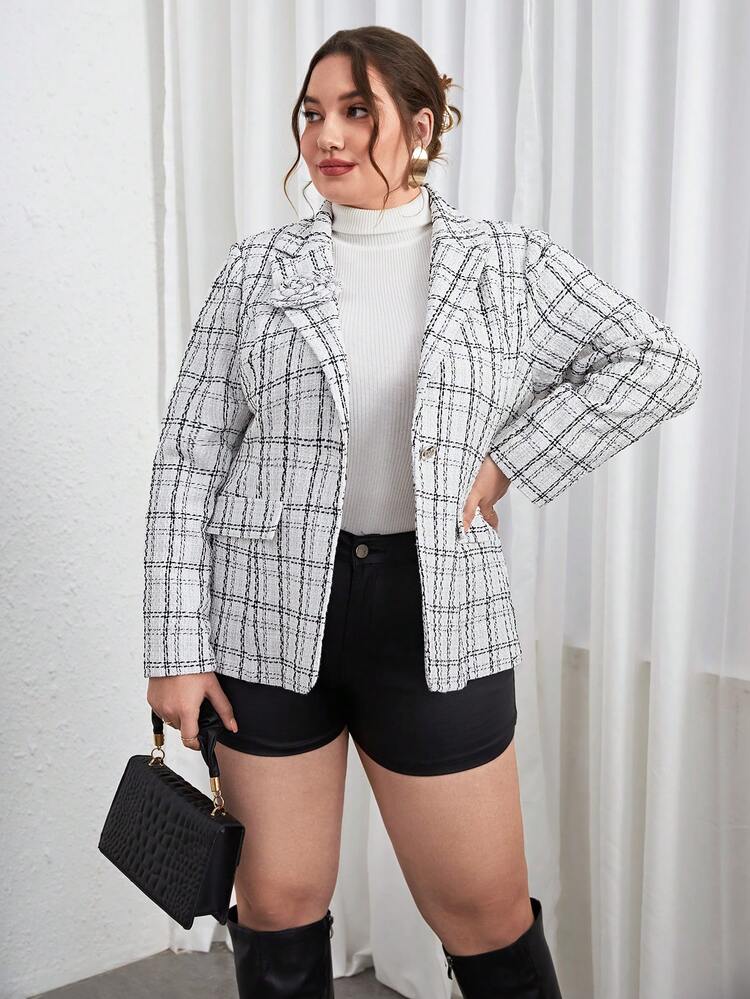 Plus Plaid Print Lapel Neck Blazer