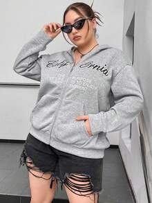 Flirla Plus Size Slogan Graphic Zip Up Drop Shoulder Sweatshirt - Grey - View 6