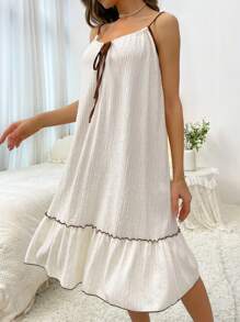 Vestido de tirantes con cordón delantero bajo con fruncido - Beis - Ver 1