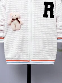 SHEIN 男大童字母貼布熊玩偶裝飾條紋飾邊連帽加絨內裏夾克 - 白色 - 查看 5