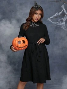SHEIN Maternity Halloween Lettuce Trim Belted Dress - Black - View 5