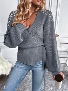 SHEIN Essnce Ngọc trai đính cườm Tay áo lồng đèn Thắt lưng Bọc Áo len Mở - Màu xám đen - Xem 3