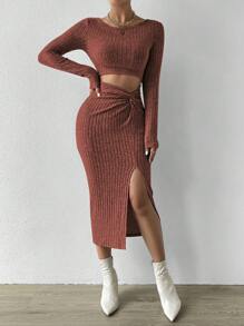 SHEIN Privé Mặt trước xoắn Cắt ra Tách đùi Áo phông Crop - Gỗ đỏ - Xem 4