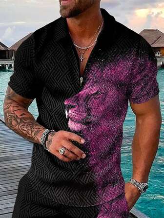 Men Lion Print Polo Shirt