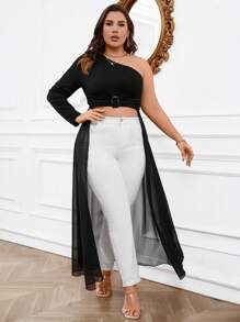 Celure Plus One Shoulder Lettuce Trim Asymmetrical Hem Top - Black - View 5