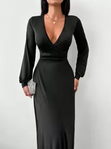 EURMUSE Women's Solid Color Criss-Cross V-Neck Long Sleeve Side Slit Hem Sexy Dress - Black - View 5