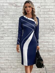 EMERY ROSE Vestido de dos tonos con diseño de botón - Azul y blanco - Ver 3