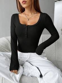 SHEIN EZwear 春季服裝半扣釦肋紋針織t恤 - 黑色 - 查看 7
