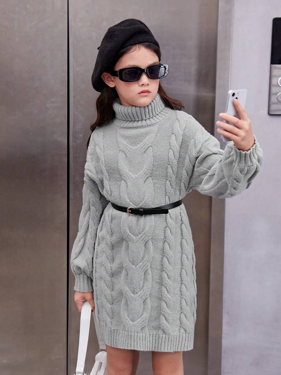 SHEIN 女大童高領麻花編織落肩袖毛衣洋裝不附腰帶 - 灰色 - 查看 1