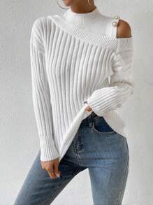Chiquease Mock Neck Cut Out Shoulder Ribbed Knit Sweater - White - View 3