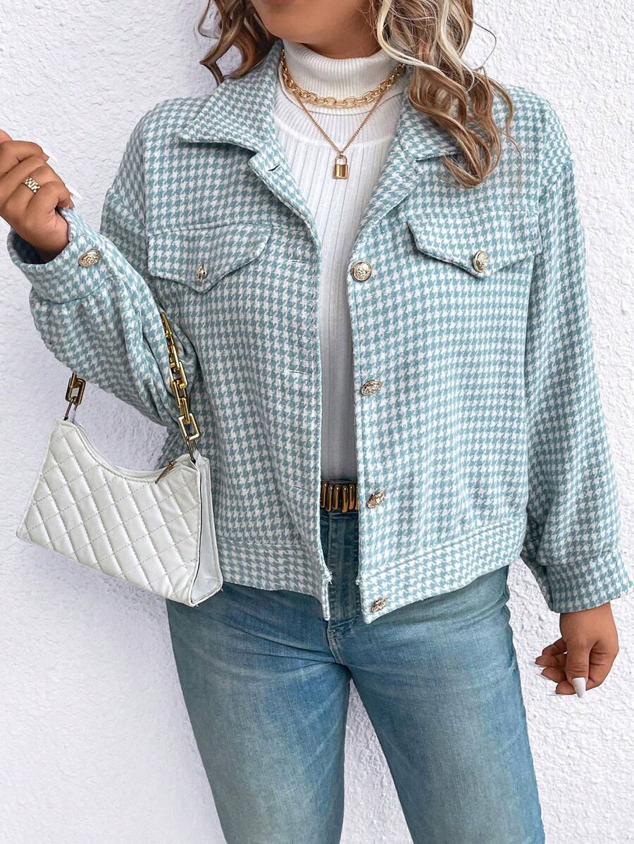 SHEIN LUNE 大碼千鳥格印花落肩袖夾克 - 淺藍色 - 查看 1