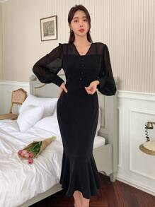 DAZY Solid Button Front Mermaid Hem Dress - Black - View 5