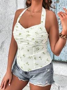 SHEIN VCAY Talla grande Top halter con estampado floral fruncido
