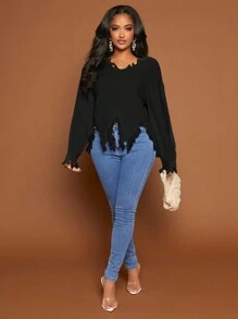 SHEIN SXY Drop Shoulder Distressed Asymmetrical Hem Sweater,Long Sleeve Tops In Fall/Winter - Black - View 3