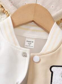 SHEIN 男小童字母貼布條紋飾邊學院風夾克