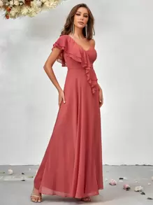 SHEIN Belle Asymmetrical Neck Ruffle Trim Split Thigh Chiffon Bridesmaid Dress - Hot Pink - View 6